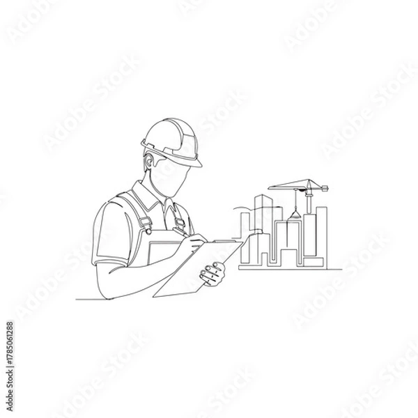 Fototapeta continuous one line drawing of a construction engineer with hard hat and plan