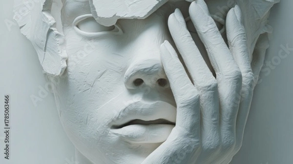 Obraz Intricate white sculpture of a human face with a hand covering one side located in a contemporary art gallery