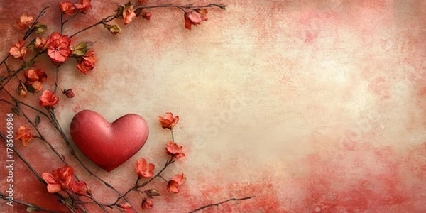 Obraz Red heart surrounded by cherry blossom branches on a textured pink background for romantic occasions and celebrations