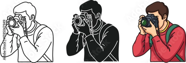 Fototapeta Illustration of a photographer taking a picture, presented in three styles