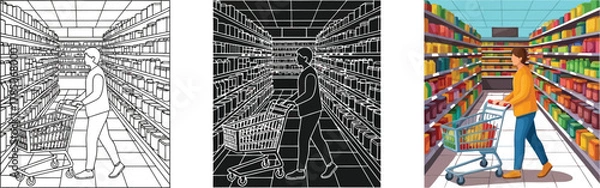Fototapeta Illustration of a person shopping in a supermarket aisle, presented in three styles