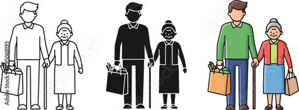 Fototapeta Three versions of a young man helping an elderly woman with groceries