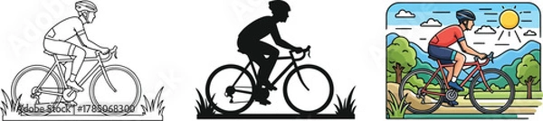 Fototapeta Three different styles of a cyclist riding a bicycle vector, silhouette and colored illustration