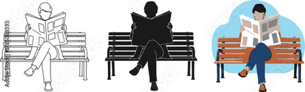 Fototapeta Illustration of a man reading a newspaper a bench, in silhouette, line art, and color