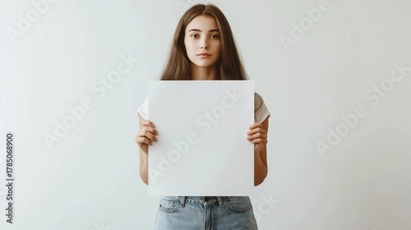 Fototapeta Young woman holding a blank white sheet with a neutral expression against a minimalistic background