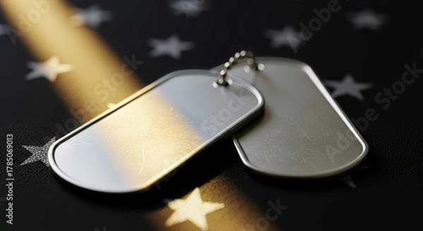 Fototapeta Dog tags on fabric with star pattern, symbol of honor and veterans day remembrance.