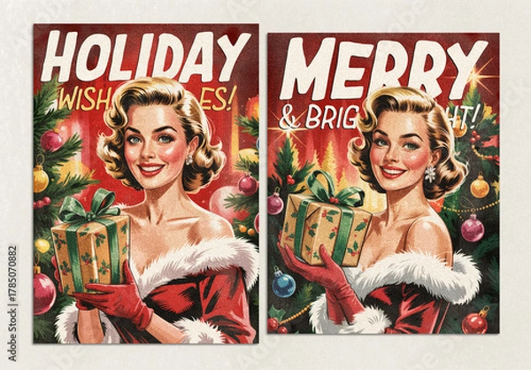Fototapeta Pin-Up Vintage Christmas Poster Layout Set