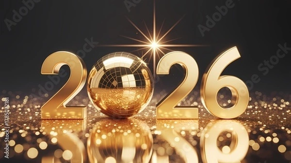 Obraz golden disco ball with 2026 reflection lights