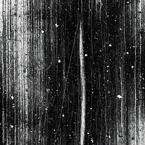 Fototapeta Grungy distressed black and white textured background with vertical streaks and speckles isolated on transparent background