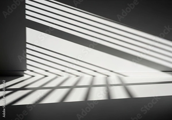 Fototapeta Dramatic diagonal light and shadow stripes cast across a minimalist white wall and floor isolated on transparent background
