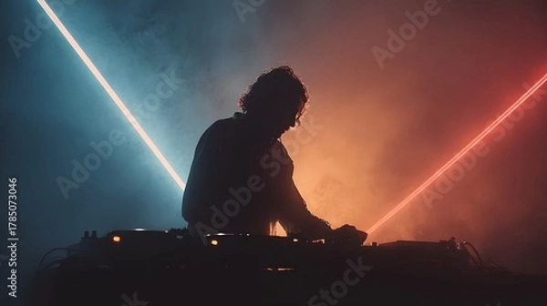 Obraz DJ Performing on Stage with Colorful Laser Lights and Smoke Effects