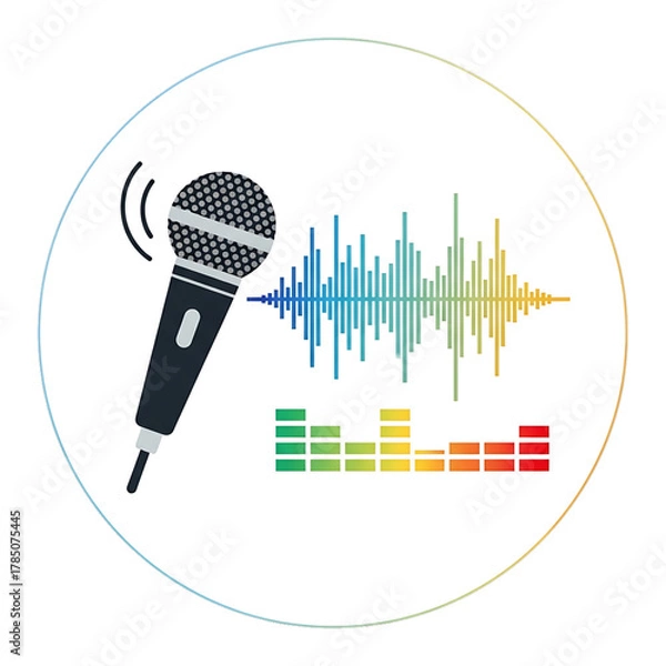 Fototapeta Microphone and soundwave showing recording or podcast production.