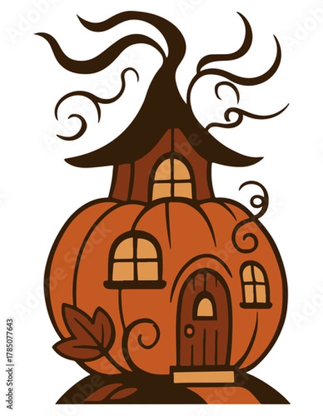 Fototapeta Whimsical pumpkin house, cute Thanksgiving and autumn vector illustration