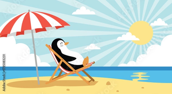 Fototapeta A happy penguin relaxing on a beach chair under a sun umbrella enjoying a sunny day.