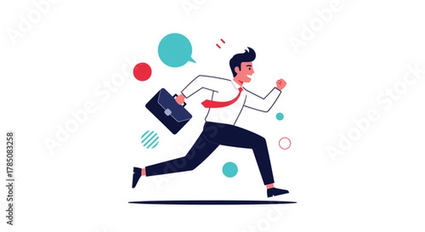 Obraz A businessman in a suit runs with a briefcase while colorful circles float around him.