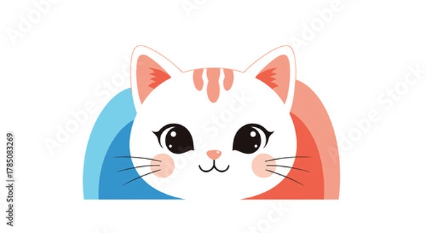 Obraz Cute playful white cat with pink stripes peeking over a colorful rainbow background.