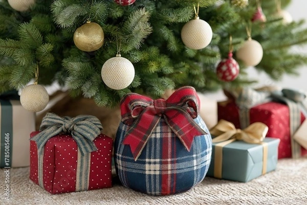 Fototapeta Wrapped presents tartan plaid bows beneath Christmas tree holiday gifts

