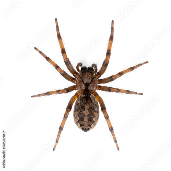 Obraz Overhead View of a Wolf Spider or Funnel Weaver Isolated on White