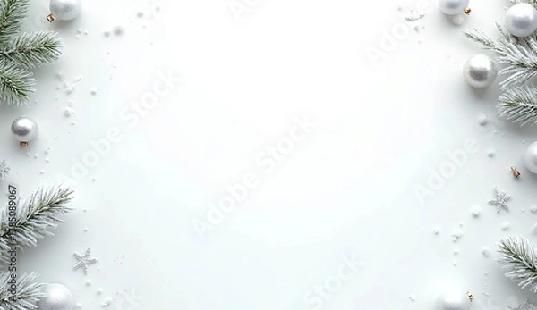 Fototapeta Clean White Christmas Background with Frosted Pine Branches, Silver Baubles, and Falling Snow — Minimal Luxury Holiday Design