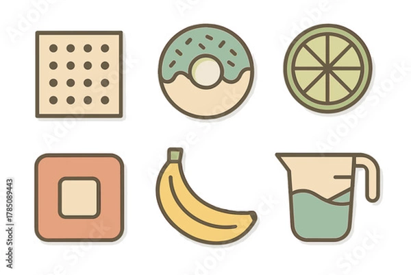 Obraz Collection of food and kitchen utensil icons in textured pastel colors