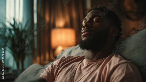 Fototapeta Black man resting in soundproof urban loft bedroom with blackout curtains, soft bed linen, dim warm light and wellness therapy tools for mental recovery and comfort