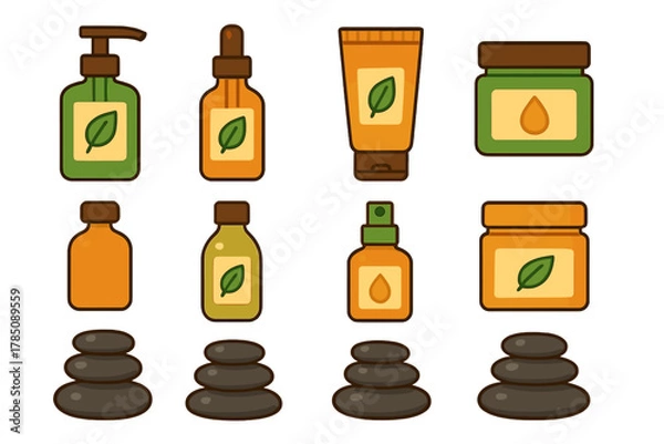 Obraz Natural spa cosmetics assortment with stacked massage stones for relaxation