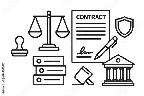 Obraz Collection of legal and business agreement icons featuring contract and justice symbols
