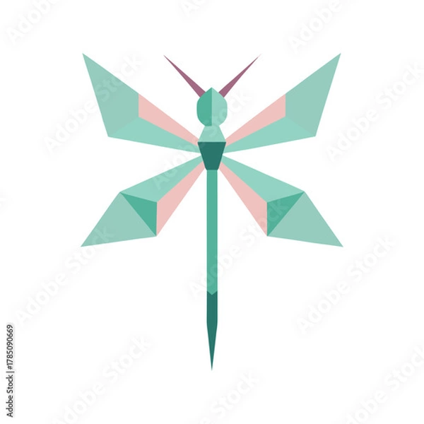 Fototapeta Geometric paper dragonfly with teal pink and purple polygons insect origami