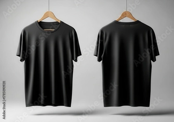 Fototapeta Plain black t shirts displayed front and back on hangers