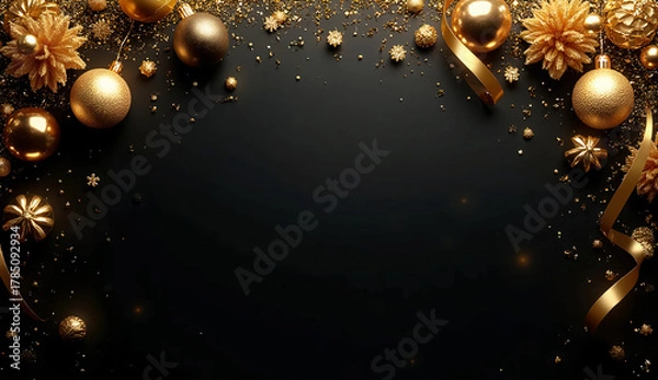 Fototapeta Matte Black Christmas Background with Golden Baubles, Ribbons, and Metallic Sparkles — Luxury Holiday Banner Ultra-HD