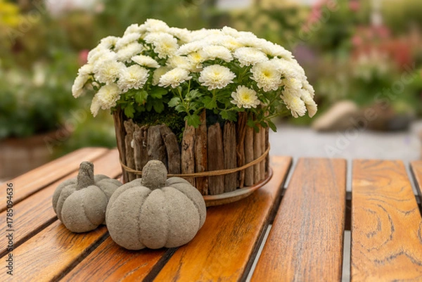 Fototapeta White chrysanthemums and decorative concrete pumpkins on rustic wood table