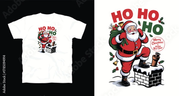 Fototapeta Santa Claus with Bag Climbing Chimney with Ho Ho Ho and Merry and Happy New Year on White T Shirt Layout with Detailed Illustration Isolated Vector Design