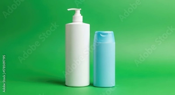 Fototapeta Modern skincare bottles ready for branding against a vibrant green backdrop ready now