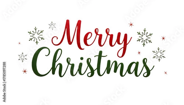 Fototapeta Red and green “Merry Christmas” text surrounded by small snowflakes on a black background, giving a festive winter feel.