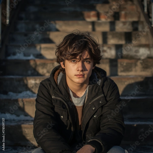 Obraz A teenager sits alone on a school staircase, a pensive expression on his face, sunlight, and long winter shadows.