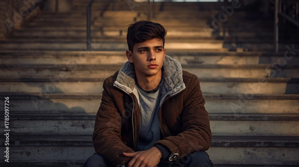 Fototapeta A teenager sits alone on a school staircase, a pensive expression on his face, sunlight, and long winter shadows.