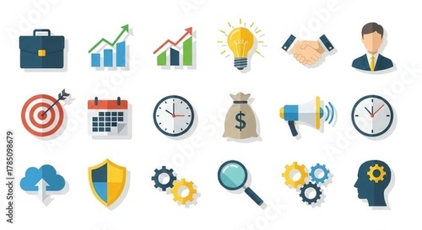 Fototapeta Achieve business goals with these icons representing strategy, finance, and growth