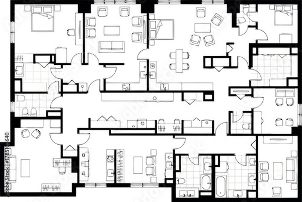 Fototapeta Architectural floor plan of a large apartment with multiple bedrooms and bathrooms