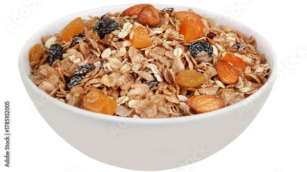 Fototapeta A white ceramic bowl filled with crunchy granola, oats, almonds, raisins, and dried apricots for healthy breakfast nutrition, isolated on transparent background, PNG.