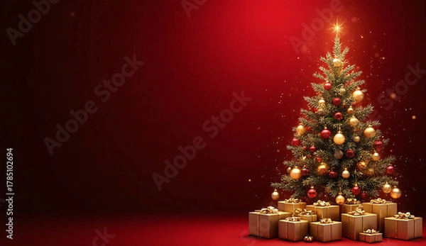Fototapeta Luxurious Dark Red and Gold Christmas Background with Decorated Tree, Golden Presents, and Baubles — Premium Banner Holiday Design