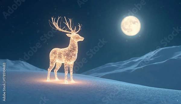 Fototapeta Magical Reindeer Figure on Snowy Hill under Full Moon — Minimal Peaceful Christmas Light Scene