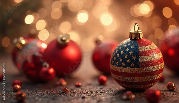 Fototapeta Elegant Red and Gold Christmas Ornaments with USA Flag Texture and Bokeh Lights — Luxury Holiday Banner Design
