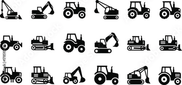 Obraz Large Black Silhouette Vector Icon Set of Heavy Construction, Earth-Moving, and Agricultural Farm Machinery, Including Tractors, Excavators, Dozers, and Mobile Cranes for Industrial Design