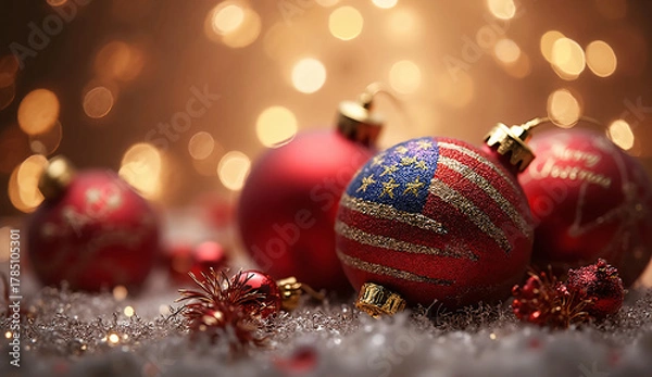 Fototapeta Elegant Red and Gold Christmas Ornaments with USA Flag Texture and Bokeh Lights — Luxury Holiday Banner Design