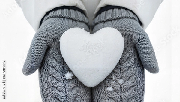 Fototapeta Snow heart on gray mittens on white background, Scandinavian minimalist style, cozy winter concept