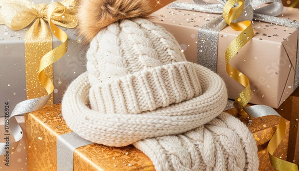 Fototapeta Luxurious Christmas scene with neatly folded knitted winter hat and matching scarf on stack of gold and red wrapped gifts, cozy festive atmosphere, soft warm lighting, realistic photography style, 8K 