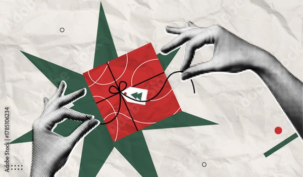 Fototapeta Trendy Halftone Collage Merry Christmas and New Year poster. Women's hands open red gift box. Xmas present with ribbon and bow. Party celebration. Paper texture. Contemporary vector illustration art