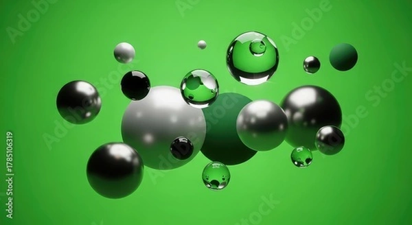 Fototapeta Dynamic abstract spheres float in vibrant green space, modern composition