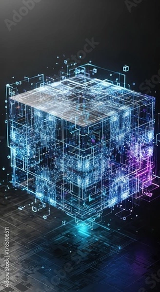Fototapeta Dynamic digital cube with glowing blue circuits and data streams in futuristic concept