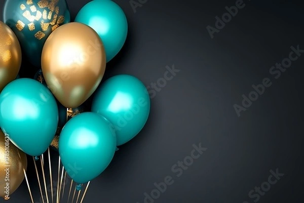 Fototapeta Craft an enticing birthday party banner background featuring bright teal and gold balloons against a rich black backdrop, combining elegance with festivity.